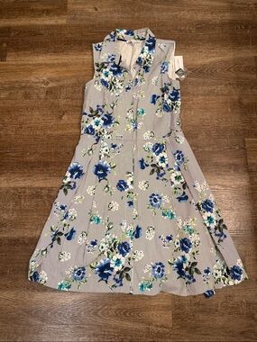 Sandra Darren Blue Floral Collared Midi Dress